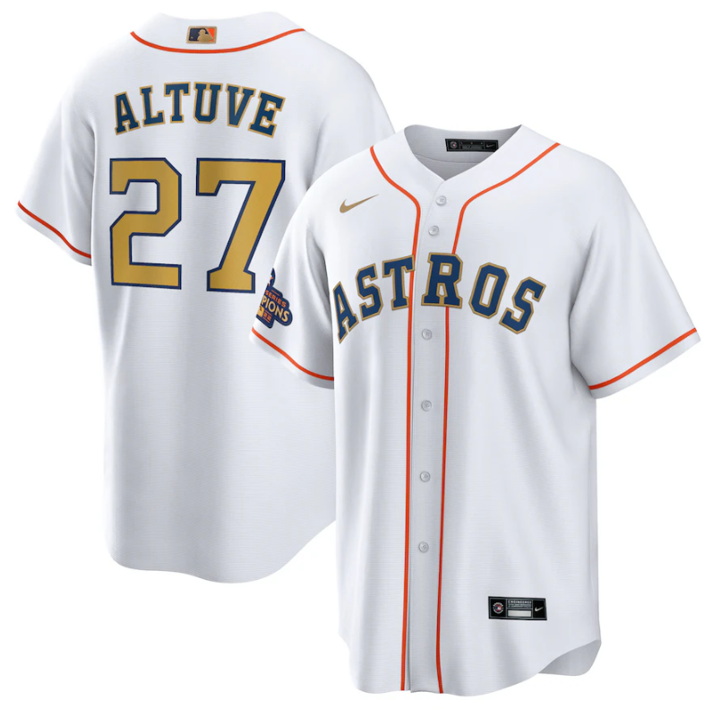 Youth Houston Astros #27 Jose Altuve White 2023 Gold Collection With World Serise Champions Patch Stitched Baseball Jersey Youth Houston Astros #27 Jose Altuve White 2023 Gold Collection With World Serise Champions Patch Stitched Baseball Jersey